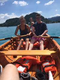 Ally and friends boating on a lake