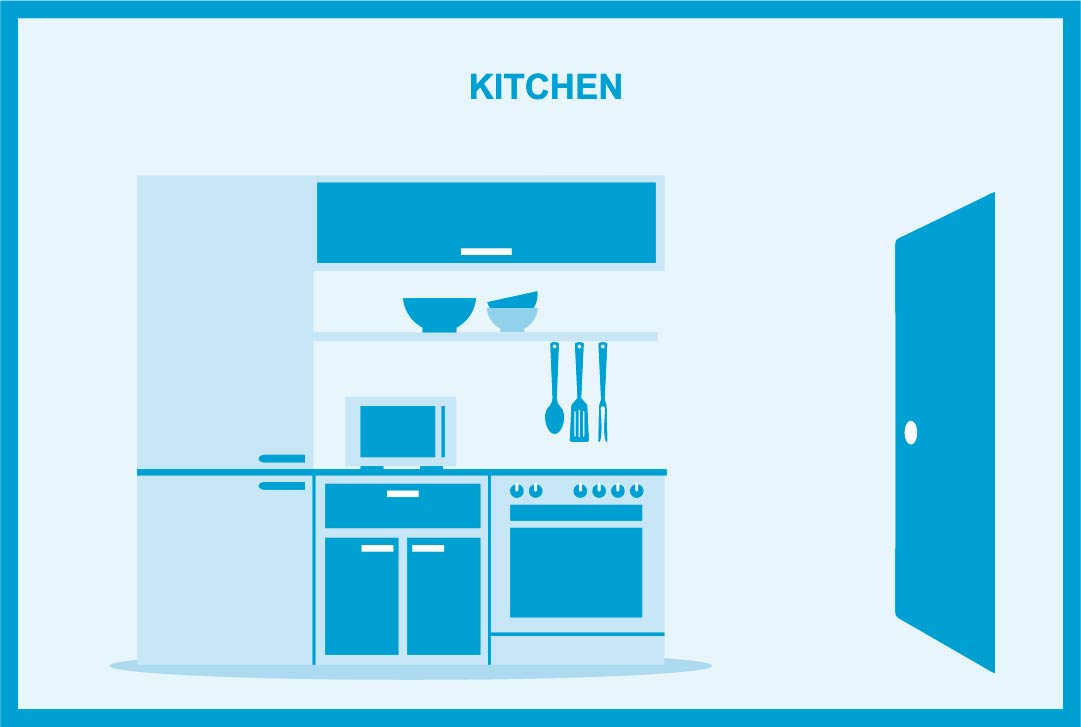 Kitchen with microwave, oven and door